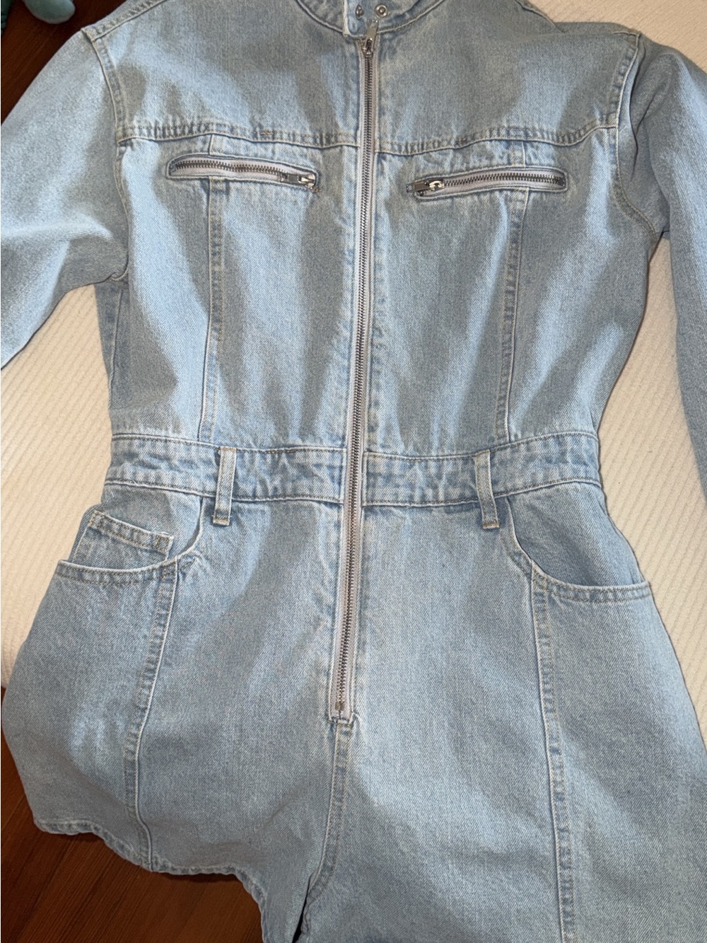 White Fox Boutique Light Blue Denim Zip Romper Jacket